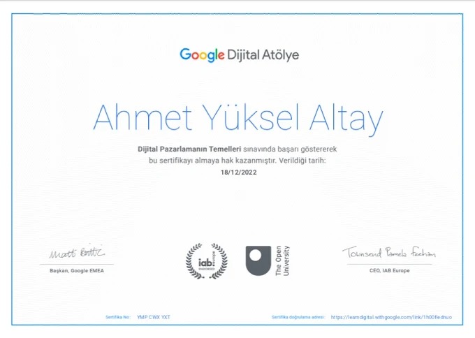 Ahmet Yüksel ALTAY - Google Ads Sertifika